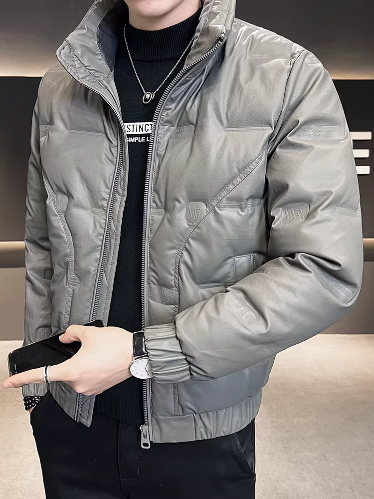 Áo khoác da PU cổ đứng dành cho nam, mùa đông 2024, kiểu dáng mới thời thượng, cao cấp, ngắn, nhẹ, ấm áp