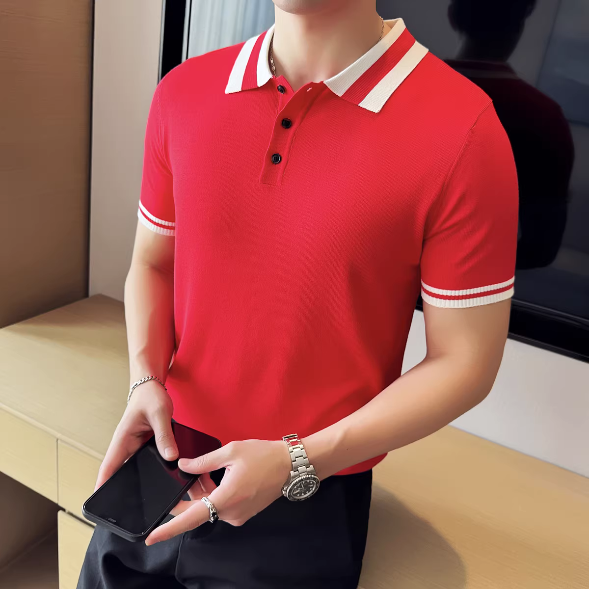 Áo polo dệt kim mỏng bằng lụa băng kiểu Anh dành cho nam, tay ngắn, thoáng khí, thoải mái, đa năng, áo thun phối màu cao cấp cho mùa hè