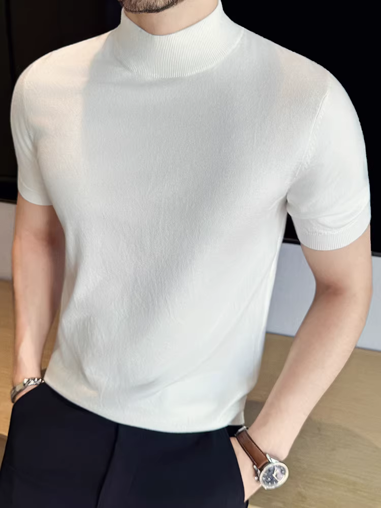 Áo len nam cổ lọ nửa cao tay ngắn mùa thu 2025 chất lượng cao thời trang ôm dáng cổ trung bình chất liệu dệt kim