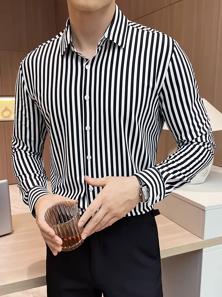 Áo sơ mi kẻ sọc nam, tay dài, thời trang thu đông 2025, kiểu dáng ôm body, lịch sự, đa năng, dễ chăm sóc