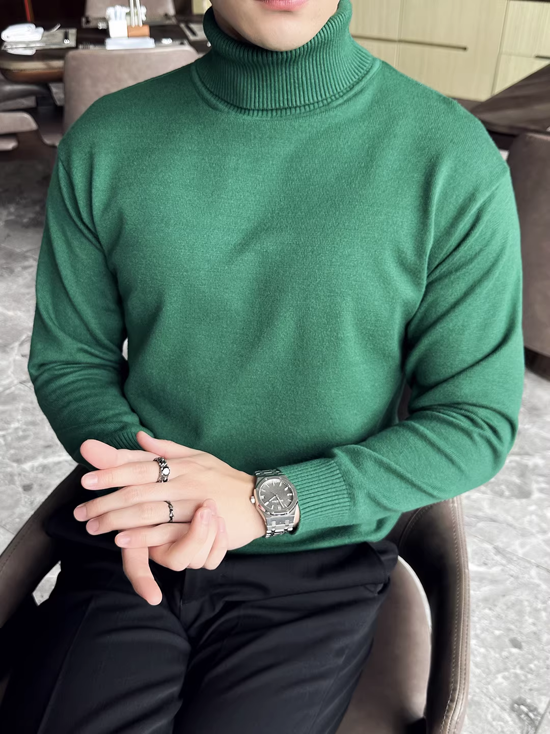 Áo len cổ lọ nam, tay dài, thời trang thu đông, đa năng, ôm dáng, chất lượng cao, áo thun dệt kim cơ bản