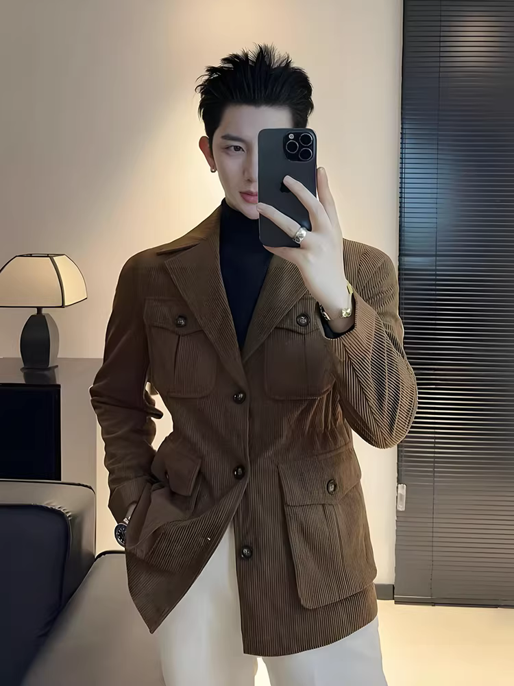 Áo khoác săn bắn bằng vải gân kiểu tiền cổ Anh dành cho nam, dài trung bình, kiểu dáng thu đông mới, dáng rộng, đa năng và thời trang.