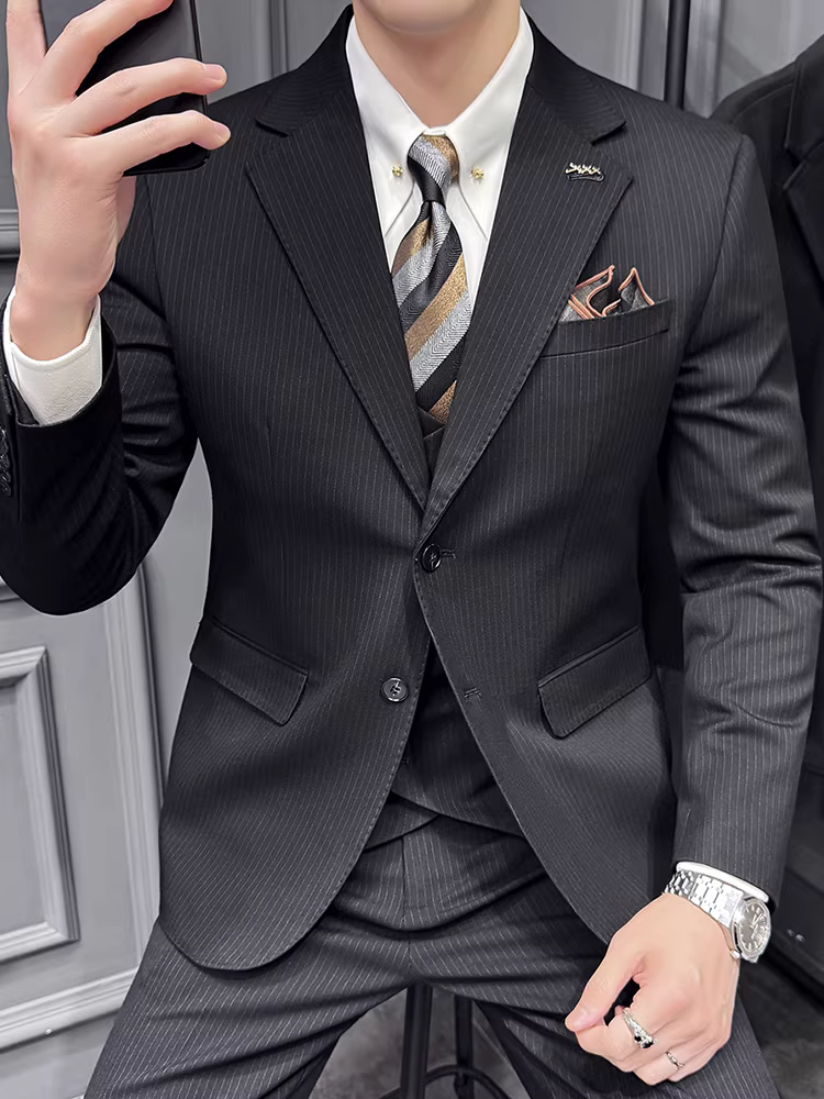 Bộ vest nam kẻ sọc cao cấp, trang phục công sở lịch lãm phong cách Hàn Quốc, dáng ôm, dễ chăm sóc, chất liệu mềm mại, bộ ba món.