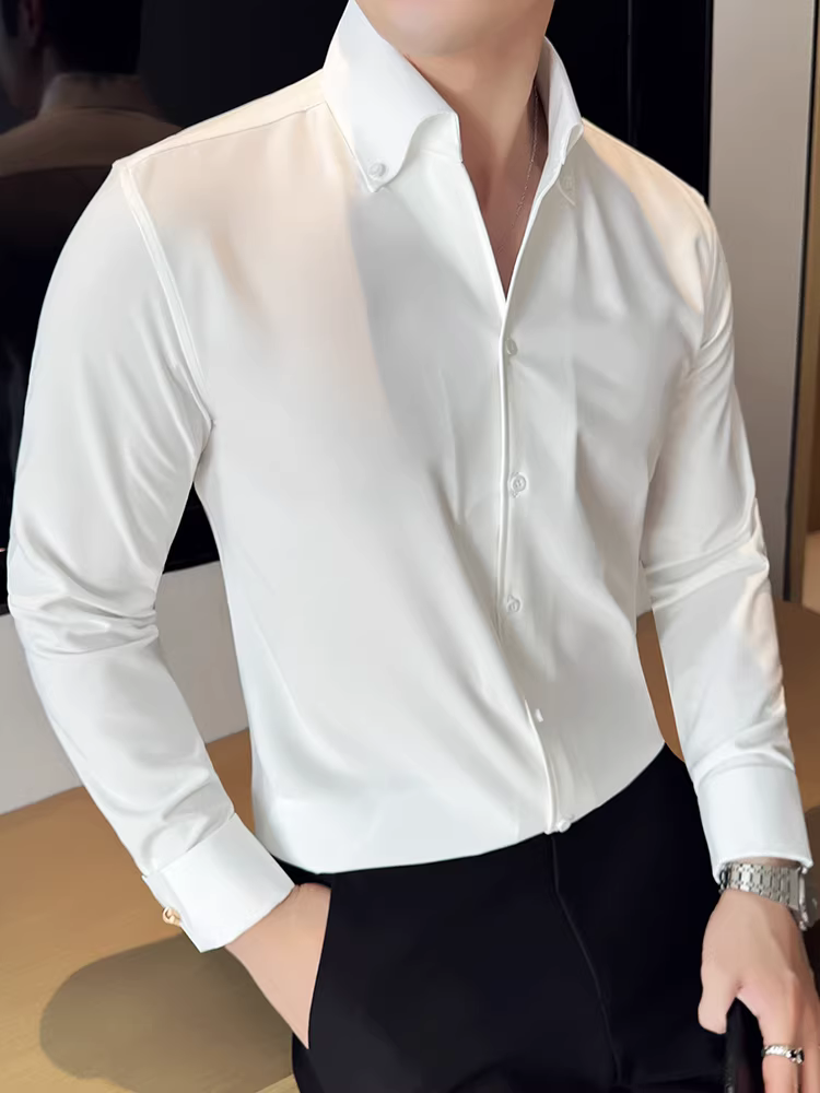 Áo sơ mi nam cổ V, tay dài, cao cấp, phong cách business casual, đa năng, hợp thời trang, kiểu dáng thời thượng, màu trắng hơi rộng, có khuy măng sét.