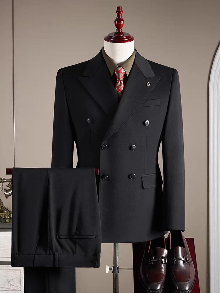 Bộ vest nam chất liệu len, kiểu dáng hai hàng khuy, trang phục công sở lịch lãm, chất lượng cao, ôm dáng, size lớn, bộ vest cưới chú rể ba món