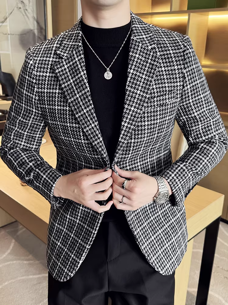 Áo khoác len kẻ sọc dành cho nam, kiểu dáng dày dặn mùa thu đông, kiểu dáng công sở lịch lãm cao cấp, đa năng, ôm dáng, chất liệu len, đơn hàng khuy.