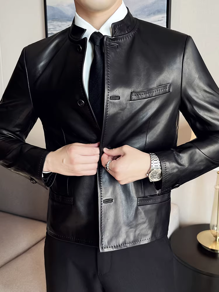 Áo khoác da kiểu Trung Quốc cổ đứng dành cho nam, mẫu mới mùa thu 2024, áo khoác ngắn PU cao cấp ôm dáng