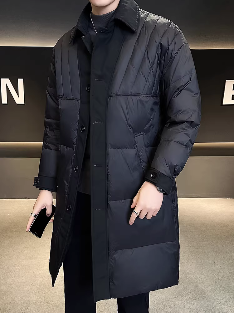 Áo khoác phao nam dài trung bình chất lượng cao tiêu chuẩn quốc gia 90%, kiểu mới mùa đông 2025, phối màu, cổ áo phối, dày dặn