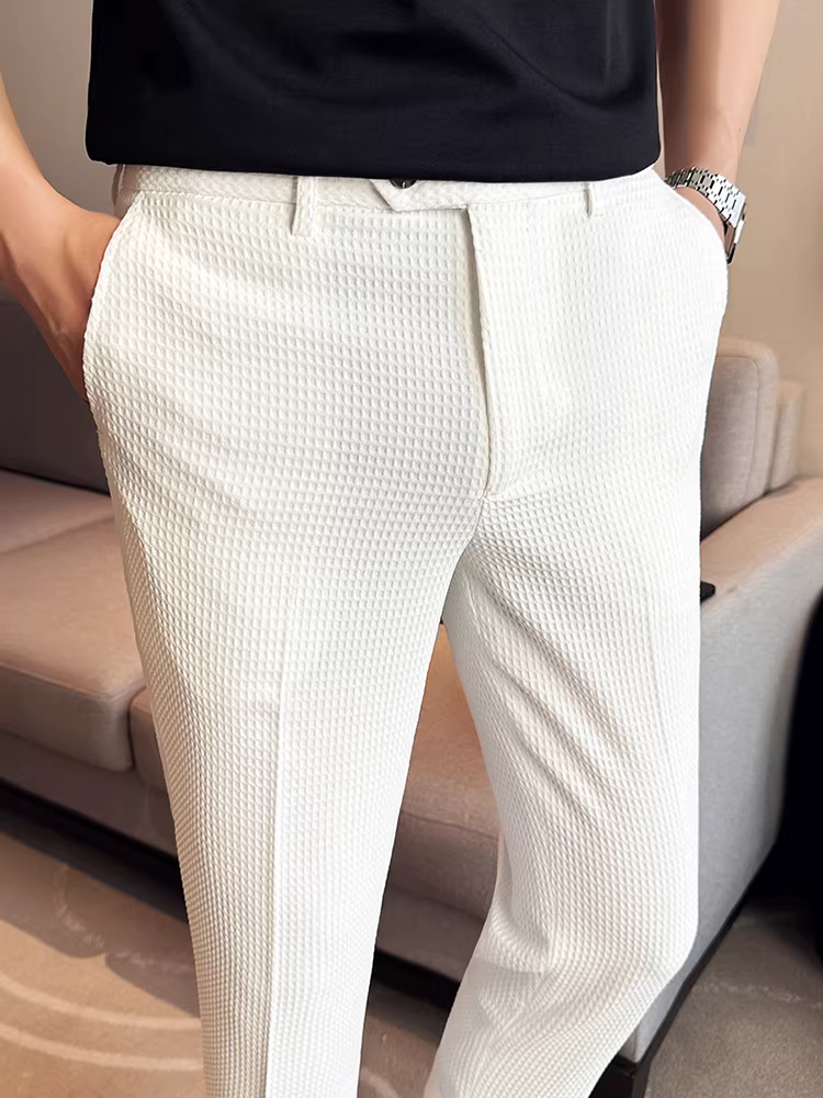 Quần âu nam chất liệu vải waffle, kiểu dáng ngắn, mùa hè mỏng nhẹ, quần âu cao cấp, ôm dáng, kiểu dáng thon gọn, quần âu công sở 9 phần.