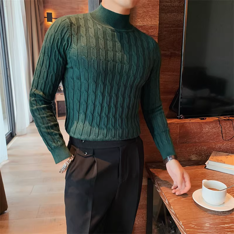 Áo len dày nửa cổ lọ dành cho nam, dáng ôm mùa đông, ấm áp và đa năng, áo thun dệt kim cổ trung màu xanh đậm, áo chui đầu phong cách Hàn Quốc.