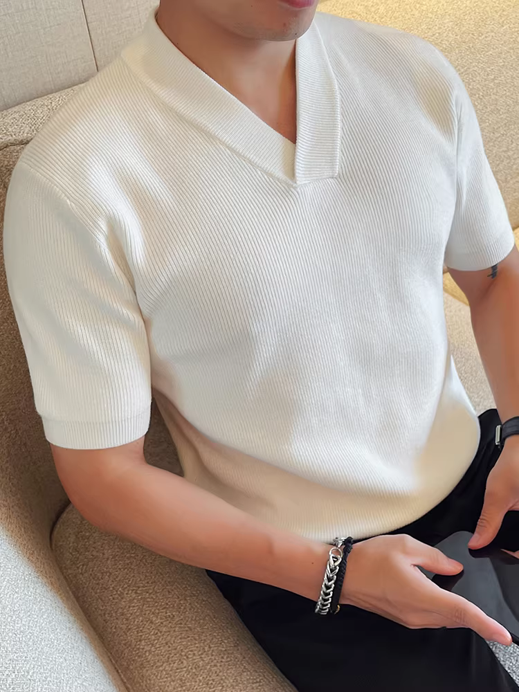 Áo len nam cổ V dày, tay ngắn, kiểu dáng thời trang thu đông 2025, ôm body, chất liệu dệt kim