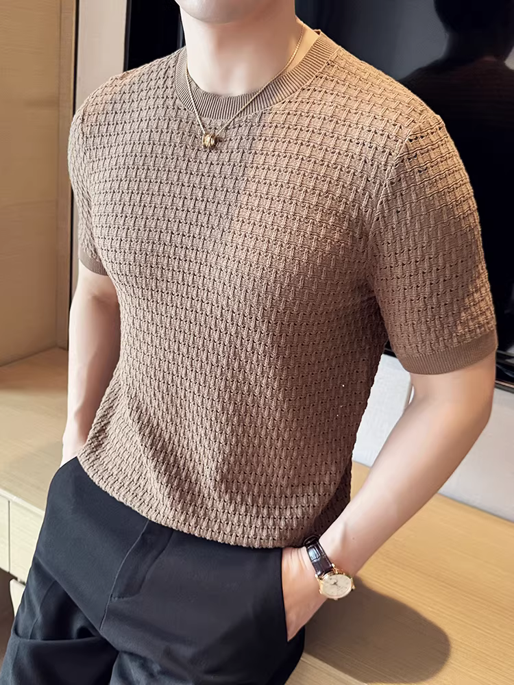 Áo thun ngắn tay dệt kim mỏng mùa hè dành cho nam, thời trang cao cấp, sành điệu, đẹp trai, áo thun cổ tròn ôm vừa vặn
