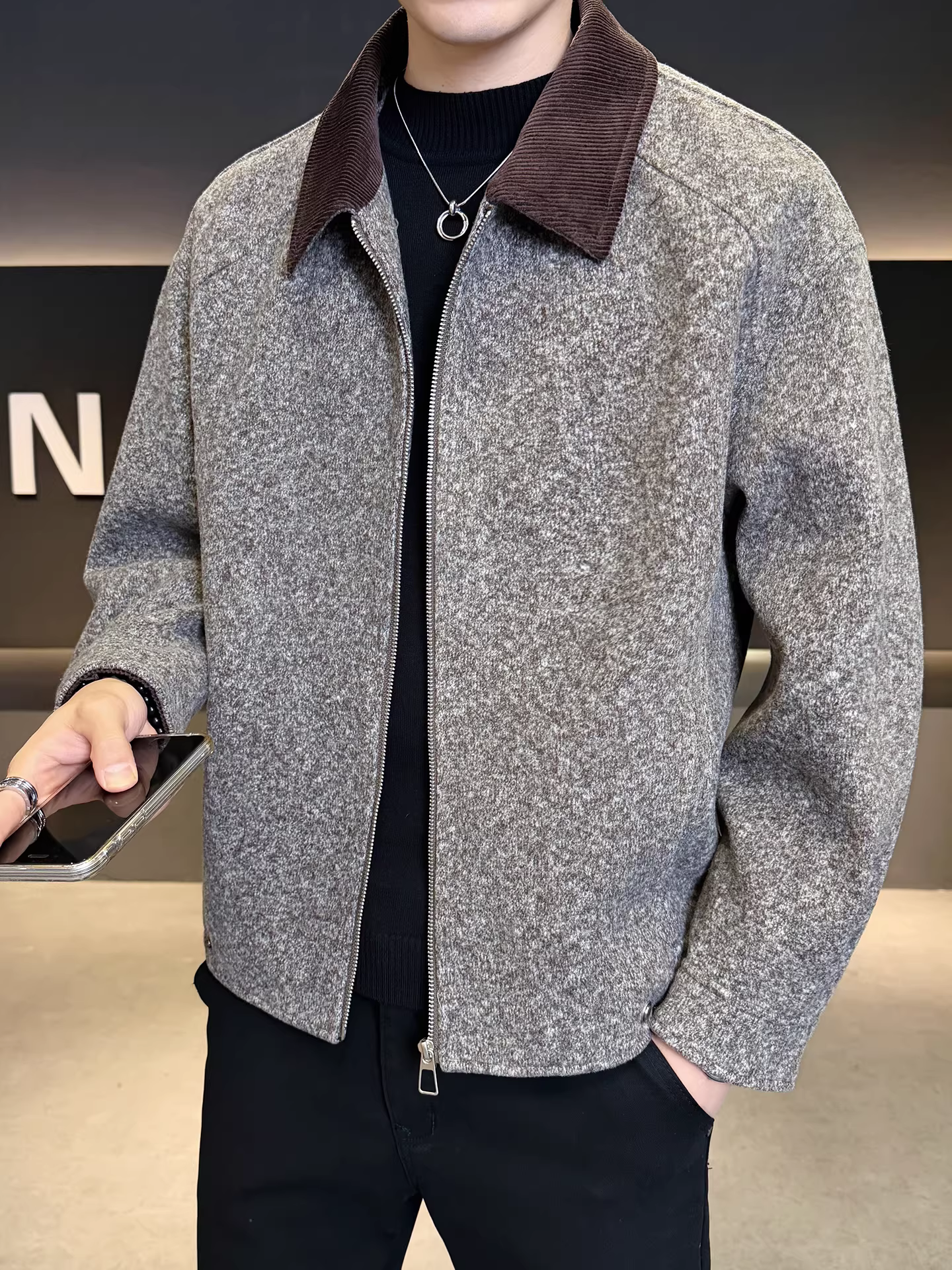 Áo khoác len nam phối vải, dáng rộng, ngắn, thời trang, đa năng, mùa thu đông 2025