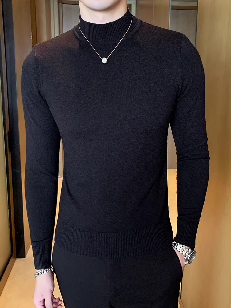 Áo len cổ lọ nửa cổ cho nam, mùa thu đông, màu trơn, đa năng, dày dặn, ấm áp, hợp thời trang, thời trang, ôm dáng, áo thun dệt kim cổ trung.