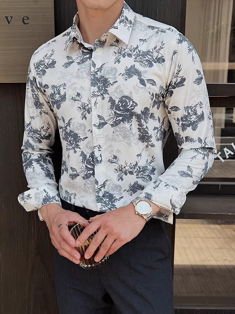 Áo sơ mi nam in hình đẹp, tay dài, kiểu mới xuân thu 2025, thời trang, ôm dáng, lịch lãm, phong cách công sở giản dị, áo dành cho nhà tạo mẫu tóc