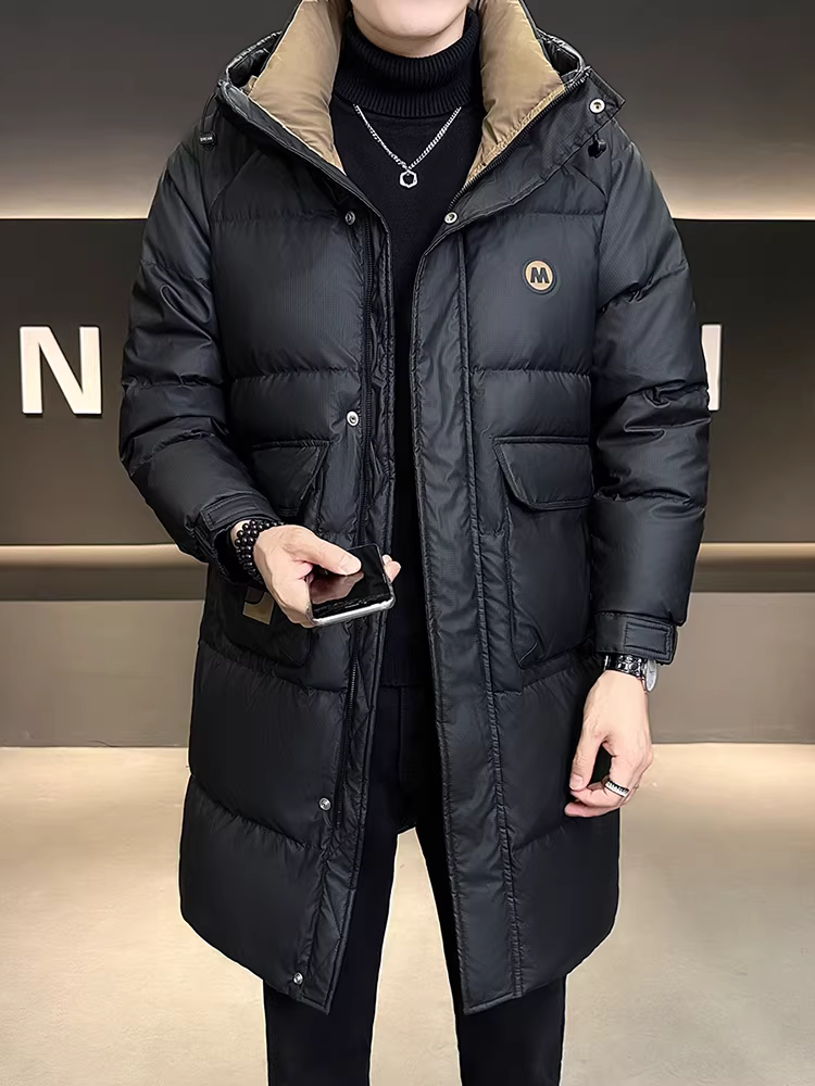 Áo khoác nam chất lượng cao, dài trung bình, chất liệu da PU, mùa đông 2025, kiểu phối màu mới, có mũ, dày dặn, chống lạnh