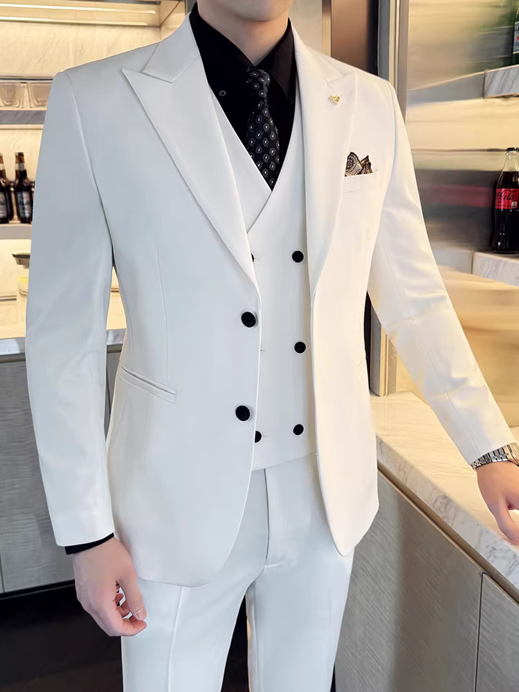 Bộ vest nam dáng đứng, trang phục công sở, dạ hội, kiểu dáng Hàn Quốc, ôm dáng, dễ chăm sóc, bộ ba món