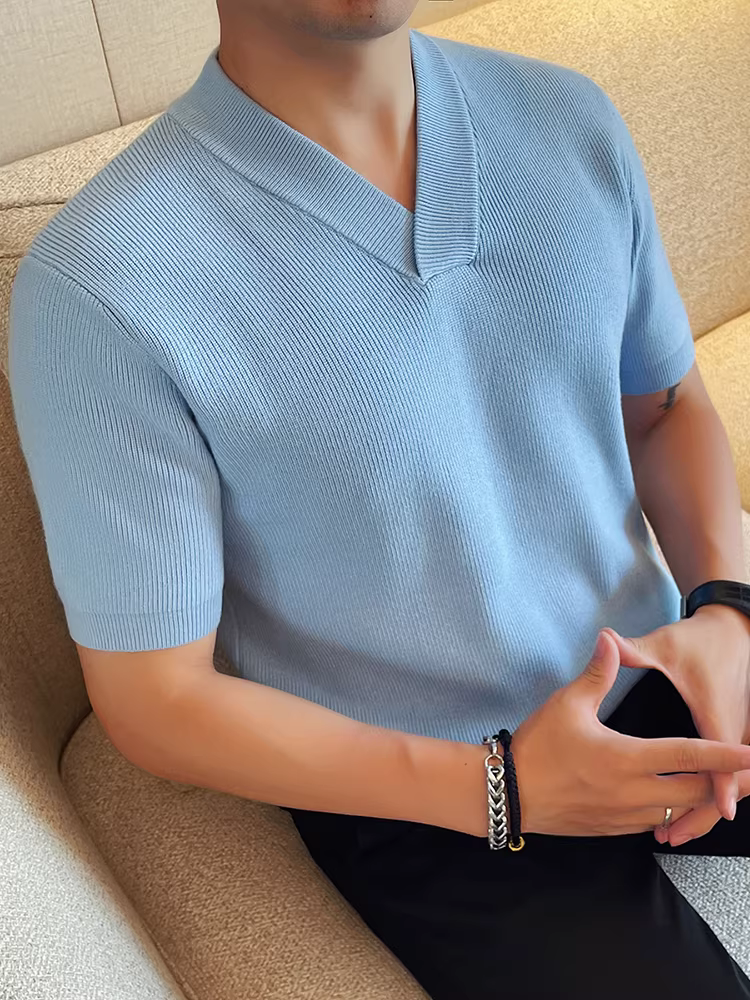 Áo len nam cổ V dày, tay ngắn, kiểu dáng thời trang thu đông 2025, ôm body, chất liệu dệt kim