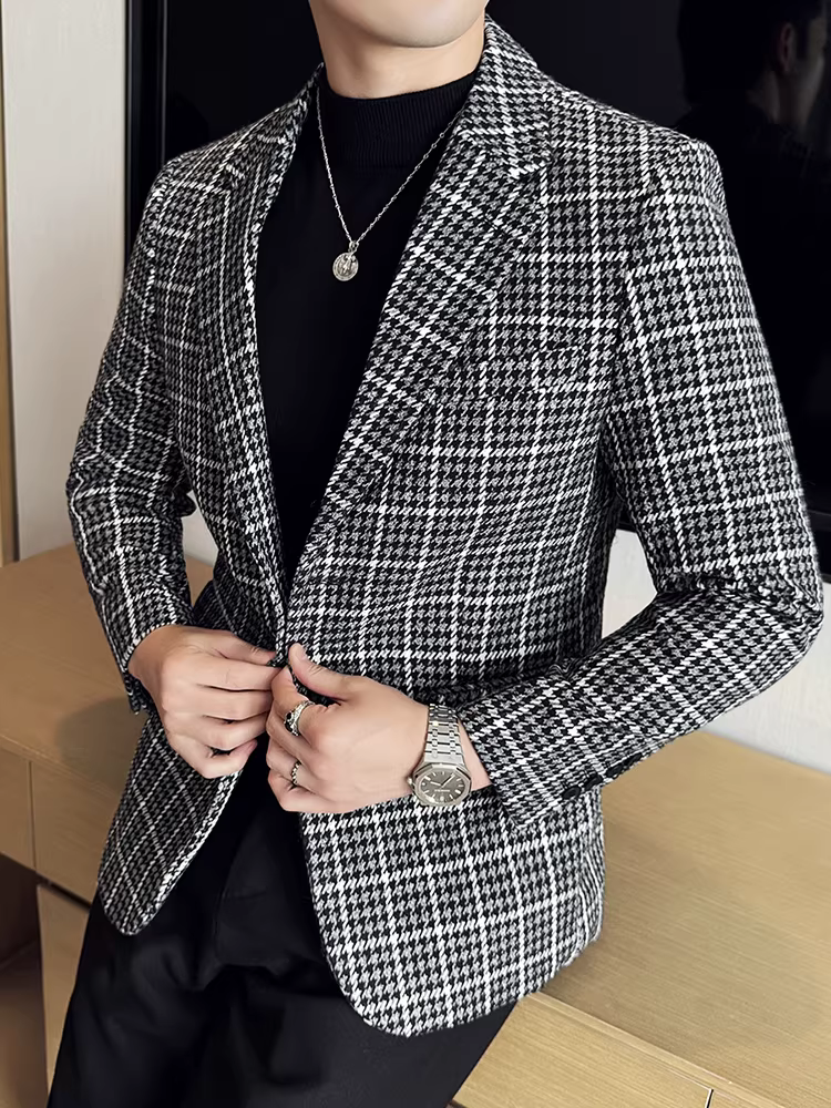 Áo khoác len kẻ sọc dành cho nam, kiểu dáng dày dặn mùa thu đông, kiểu dáng công sở lịch lãm cao cấp, đa năng, ôm dáng, chất liệu len, đơn hàng khuy.