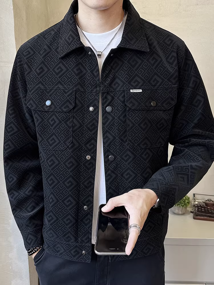 Áo khoác da PU in cao cấp dành cho nam, thời trang thu đông 2025, kiểu dáng thời thượng, ngắn, phong cách công sở.