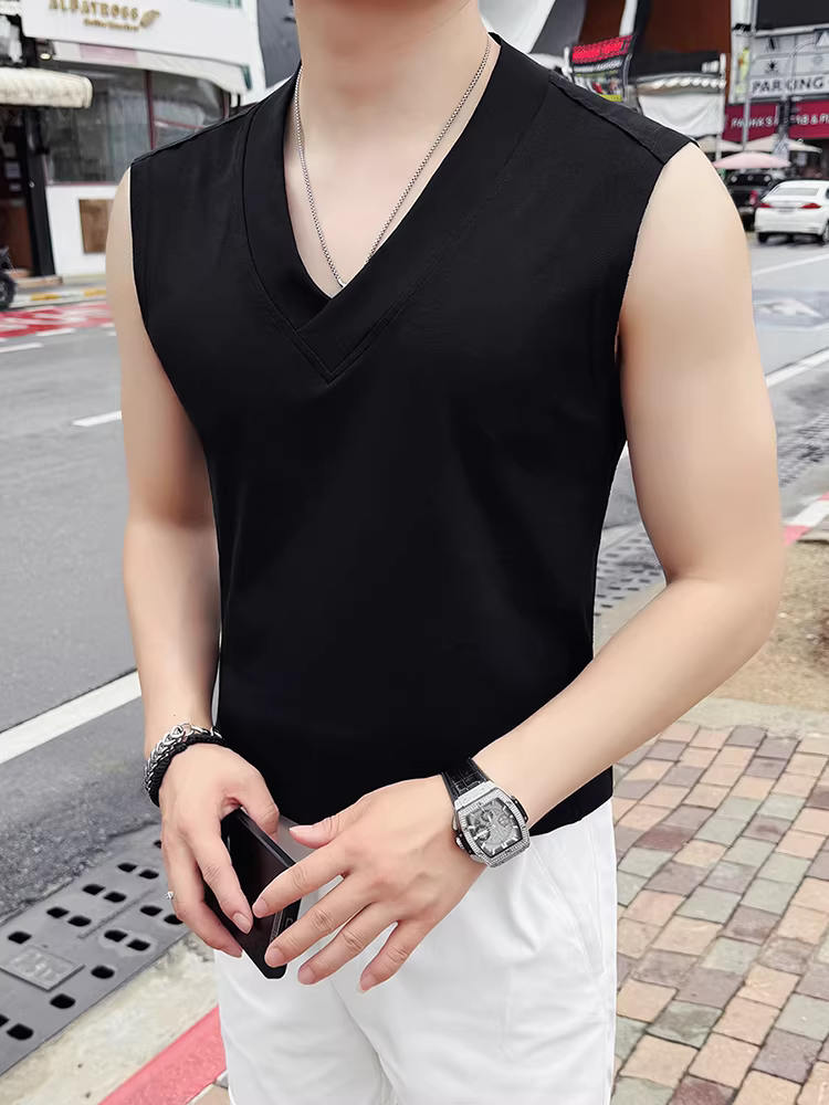 Áo gile nam cổ V không tay, kiểu mới hè 2025, áo thể thao cao cấp, đa năng và thoải mái, màu đen.