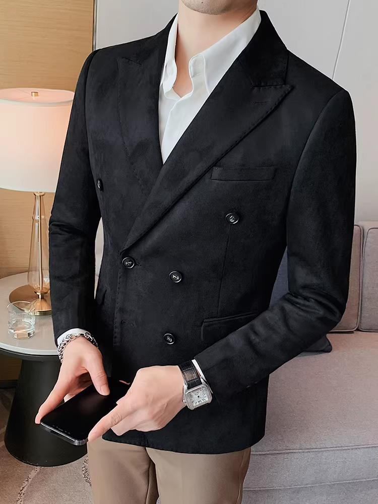 Áo blazer da lộn nam, thu đông 2025 kiểu Hàn Quốc mới, dáng ôm, phong cách thường ngày, công sở, dễ chăm sóc, kiểu dáng hai hàng khuy