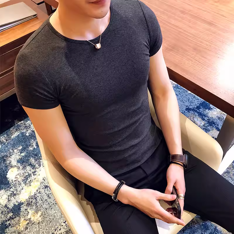 Áo thun nam ngắn tay bó sát, kiểu dáng mùa hè mới, chất liệu cotton mỏng mát như băng, áo thun cao cấp ôm sát chất liệu lụa đá.