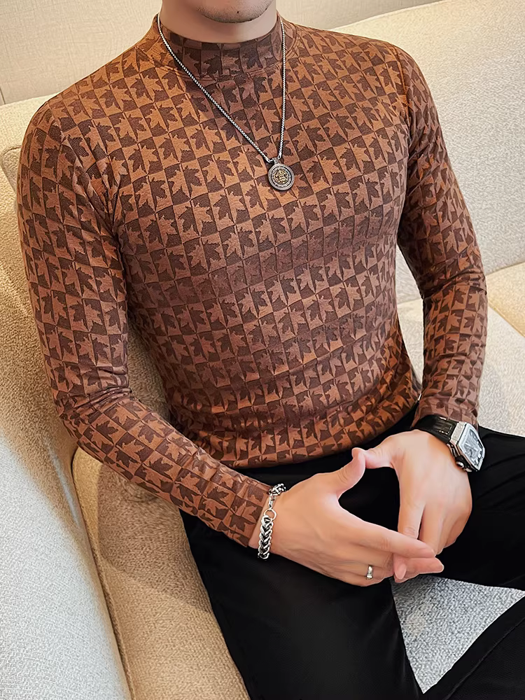 Áo thun nam cổ lọ nửa cao tay dài họa tiết Jacquard, kiểu dáng thời trang ôm body, mới xuân thu, áo lót cổ trung bình.