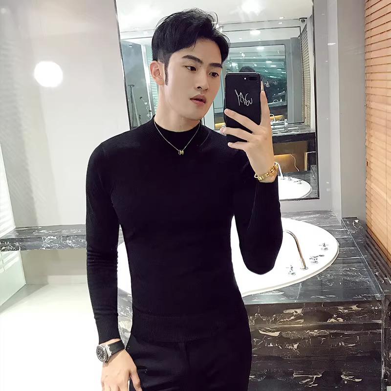 Áo len nam dài tay cổ lọ mùa thu đông phong cách Hàn Quốc, kiểu dáng ôm body, đẹp trai, chất liệu dệt kim cao cấp, áo lót giữ ấm cao cấp