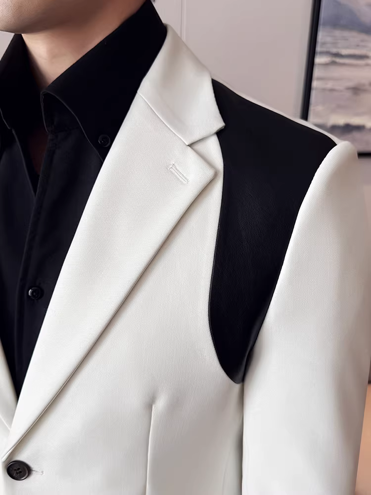 Bộ vest nam cao cấp phối da kiểu dáng mới 2025, thời trang công sở lịch lãm, ôm dáng, bộ vest lịch sự