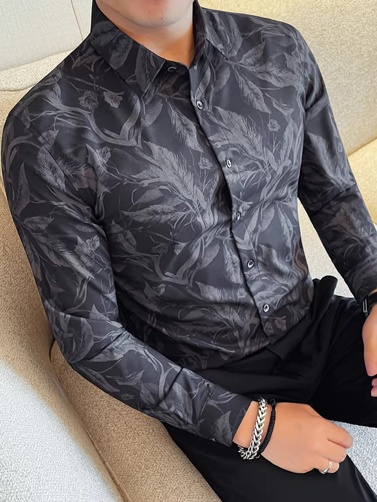 Áo sơ mi hoa phong cách retro dành cho nam, dài tay, giản dị, đa năng, thời trang, ôm dáng, cao cấp, dễ chăm sóc, chống nhăn, áo sơ mi công sở