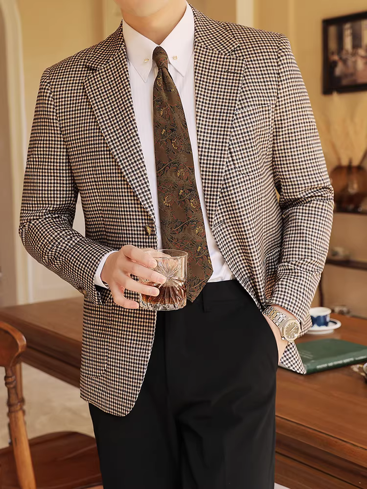 Áo blazer kẻ houndstooth dành cho nam, cao cấp, sành điệu, hợp thời trang, ôm dáng, lịch sự, phù hợp với phong cách Anh quốc