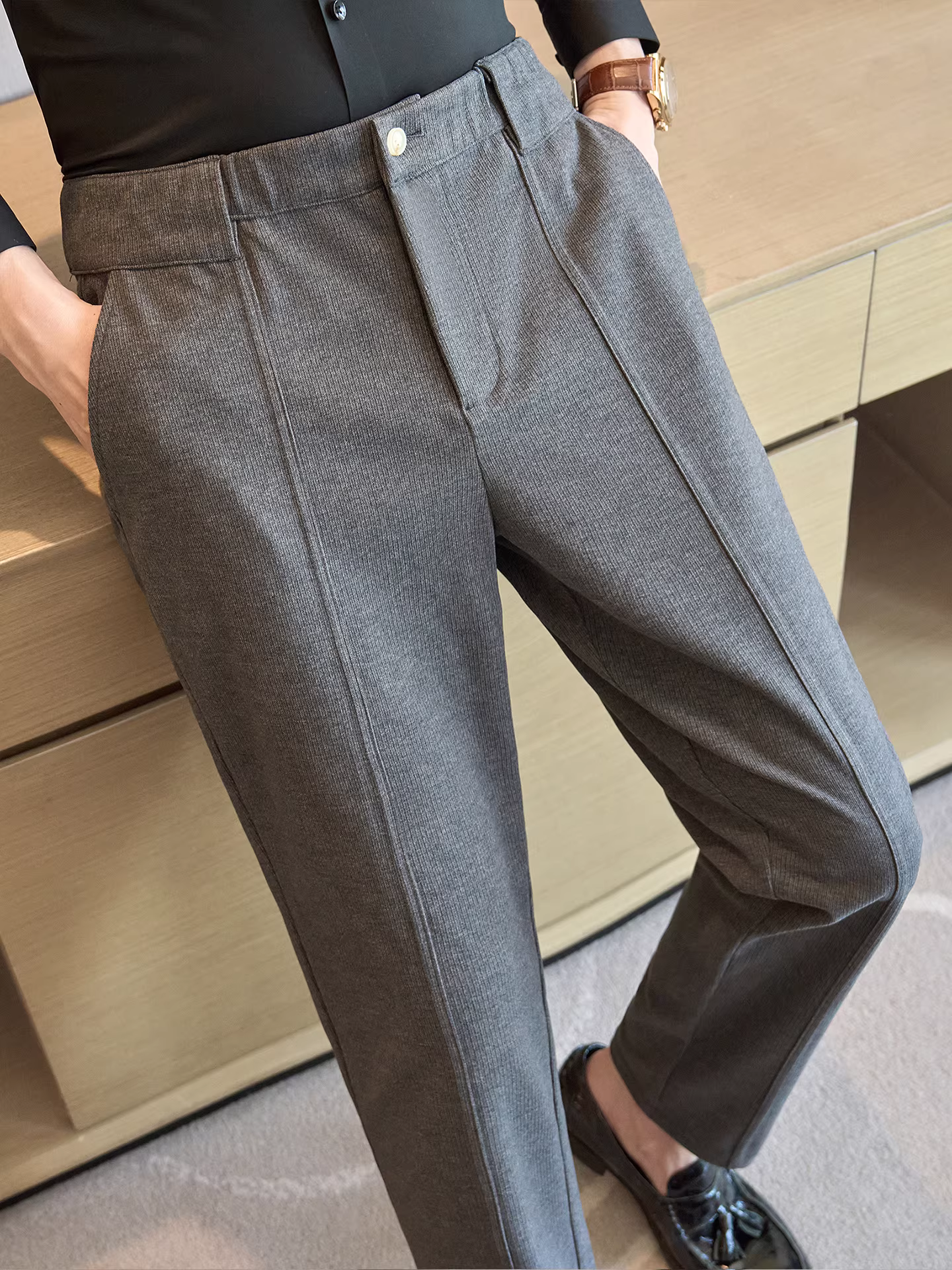 Quần tây nam mùa thu đông chất liệu len, cao cấp, thiết kế lưng thun, hợp thời trang, đa năng, kiểu dáng công sở lịch lãm