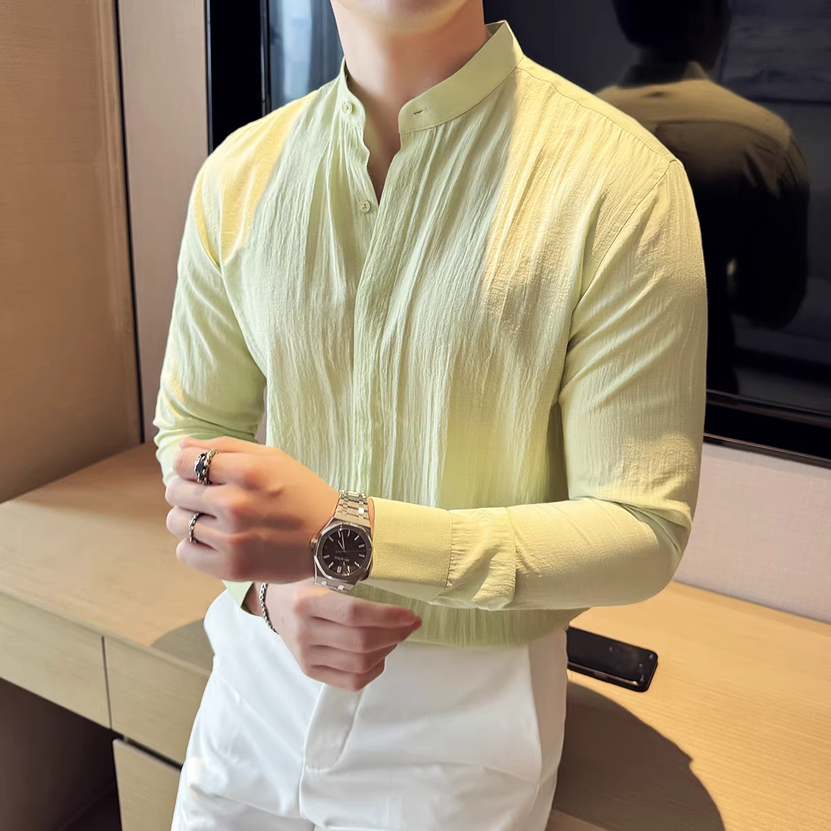 Áo sơ mi nam cổ đứng mỏng bằng vải lanh, dài tay, đa năng cho mọi mùa, phong cách công sở giản dị, thoải mái, thoáng khí, thiết kế xếp ly