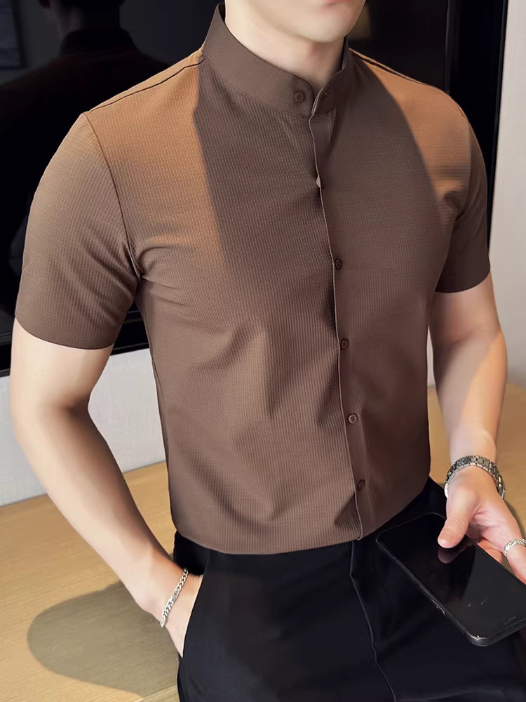Áo sơ mi ngắn tay cổ đứng kiểu Trung Quốc mới dành cho nam giới, trang phục công sở mỏng mùa hè, trang phục công sở chuyên nghiệp, áo sơ mi waffle cao cấp