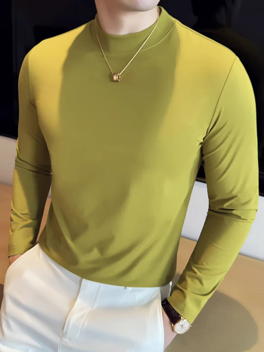 Áo thun nam dài tay chất lượng cao cho mùa thu đông, màu trơn, đa năng, thân thiện với da, co giãn, thoải mái, áo thun ôm sát cơ thể.