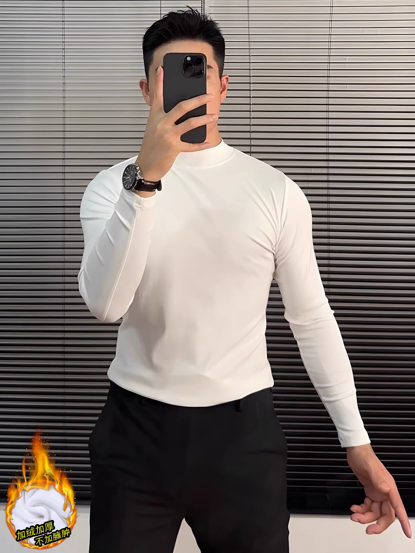 Áo sơ mi cổ lọ dày lót lông cừu dành cho nam, mùa thu đông, màu trơn, đa năng, thời trang, hợp thời trang, ôm vừa vặn, cổ cao nửa cổ, áo thun dài tay.