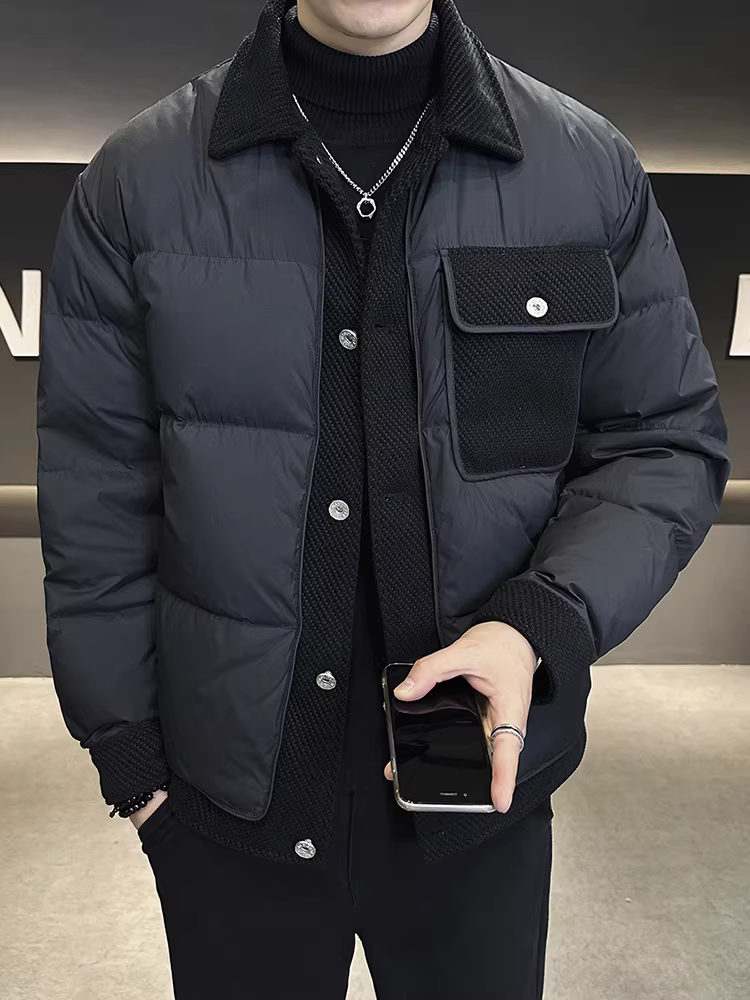 Áo khoác có cổ thiết kế ghép nối dành cho nam, dày dặn mùa đông, ấm áp và chống lạnh, cao cấp nhẹ nhàng sang trọng, áo khoác ngắn dáng rộng, phong cách giản dị.