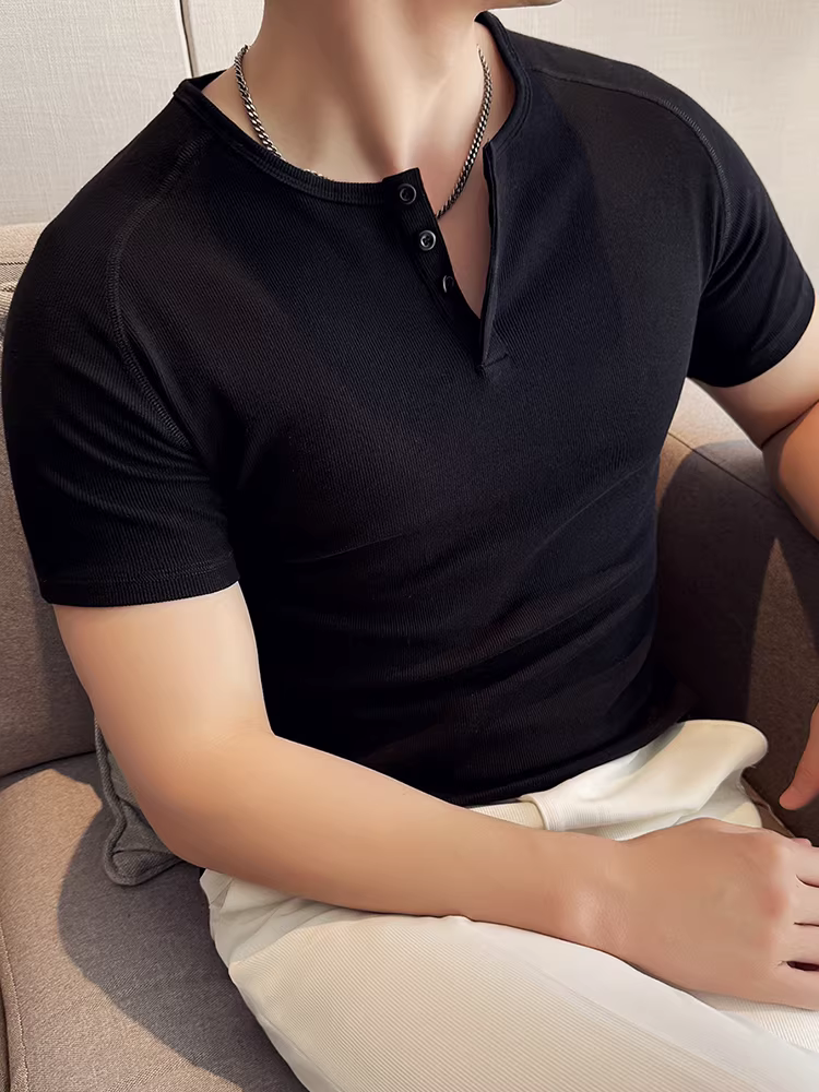 Áo thun nam tay ngắn cổ Henry chất liệu cotton, kiểu dáng mỏng nhẹ mùa hè, thời trang, hợp xu hướng, ôm dáng, đẹp trai, đa năng, áo thun thường ngày