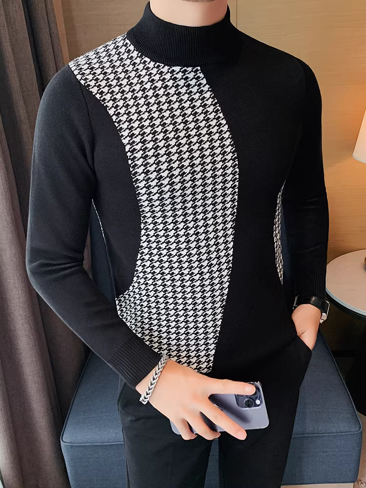 Áo len nửa cổ lọ dành cho nam, dài tay, mùa đông, cảm giác cao cấp, thiết kế chắp vá, hợp thời trang, ôm dáng, cổ trung bình, lớp đan bên trong.