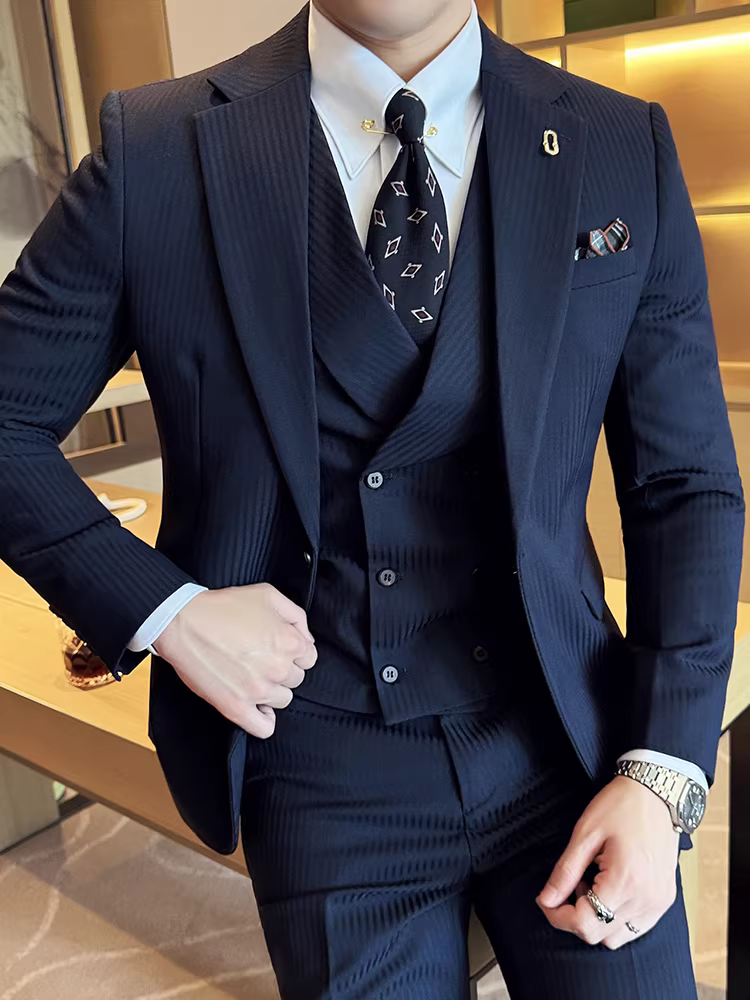 Bộ vest nam cao cấp kẻ sọc, phong cách công sở lịch lãm Hàn Quốc, dáng ôm, thời trang, đa năng, phù hợp cho chú rể, đám cưới
