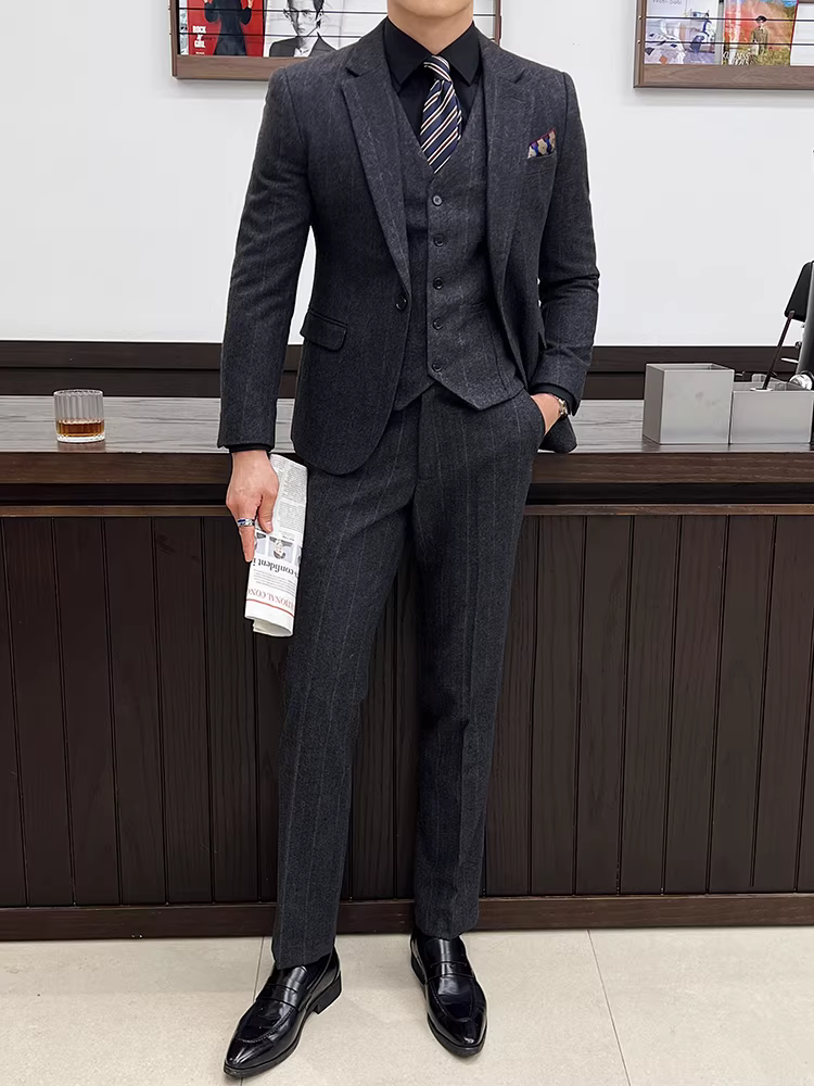 Bộ vest nam chất liệu len pha dày dặn, thu đông mới, cao cấp, dành cho phù rể