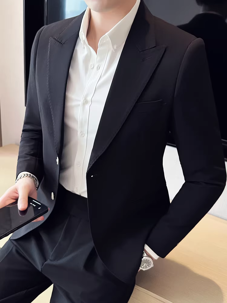 Bộ vest nam Naples, kiểu mới xuân thu, cao cấp, phong cách Anh, lịch sự, bộ hai mảnh màu trắng