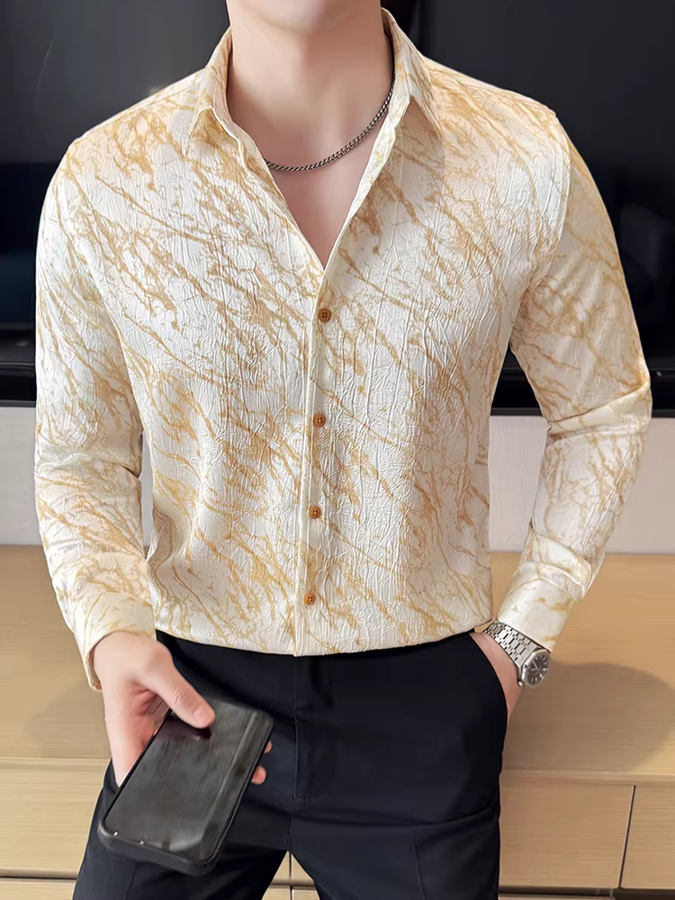 Áo sơ mi nam chất liệu acetate, tay dài, kiểu dáng lịch lãm, thời thượng, ôm dáng, phong cách công sở lịch sự, mẫu mới thu đông 2025