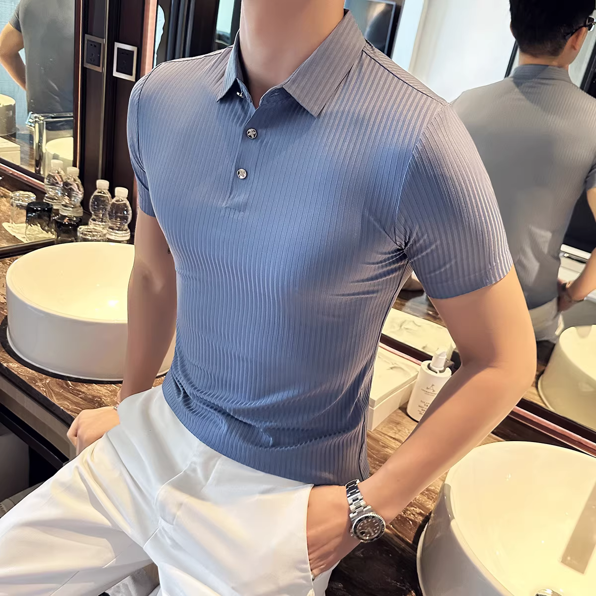 Áo polo nam chất liệu lụa đá co giãn cao, không đường may, sọc, tay ngắn, mùa hè mỏng thoáng khí, ôm dáng, cao cấp, cổ trụ, kiểu dáng thời trang