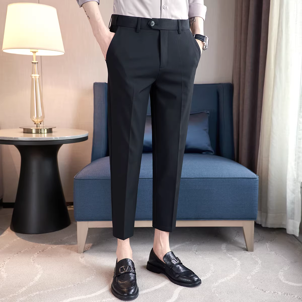 Quần âu nam chất liệu thun co giãn, kiểu dáng xuông, màu trơn, mới xuân hè, dáng ôm vừa vặn, dài đến mắt cá chân, dành cho nam giới trẻ.