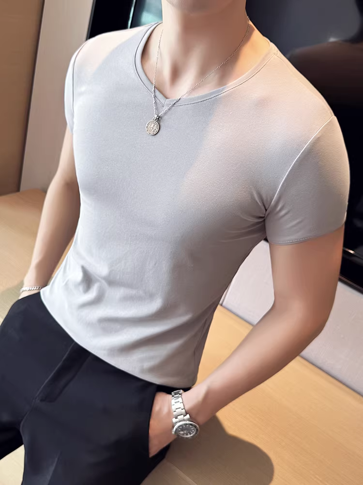 Áo thun nam mùa hè dáng ôm, co giãn, thoải mái, đa năng, cao cấp, kiểu dáng thời trang, tay ngắn, cổ chữ V, thiết kế hình trái tim gà.