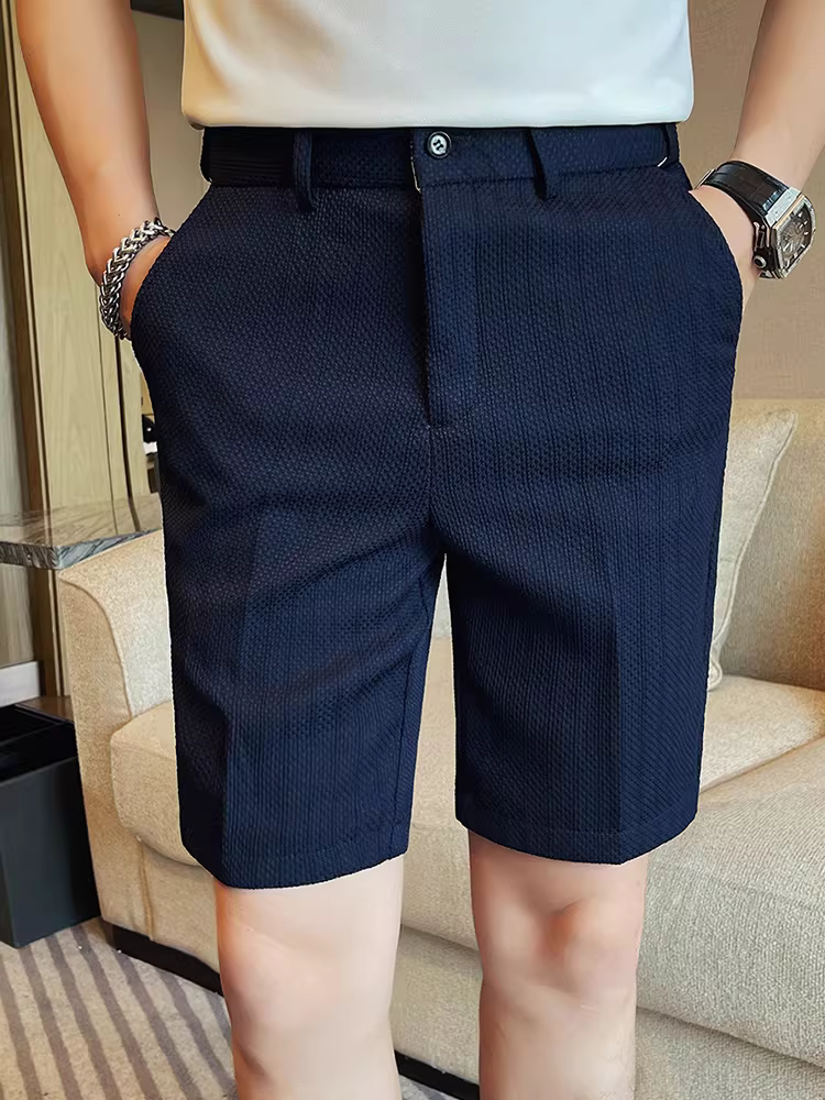 Quần short waffle lưng thun cho nam, kiểu dáng mùa hè mới, phong cách công sở cao cấp, đa năng, thời trang, chống nhăn, quần kiểu vest năm điểm.