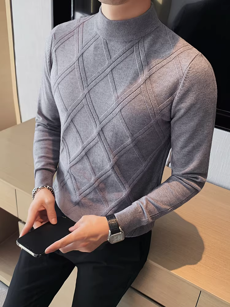 Áo len cổ lọ nửa cao dành cho nam, dày dặn cho mùa thu đông, áo len dệt kim dáng ôm mới, áo sơ mi cổ trung đa năng thời trang hợp xu hướng.