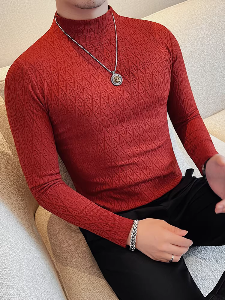 Áo thun nam dài tay cổ cao nửa cổ thiết kế cao cấp, thu đông, lót lông cừu, dày dặn, ôm dáng, thời trang và đa năng, áo thun cổ trung.